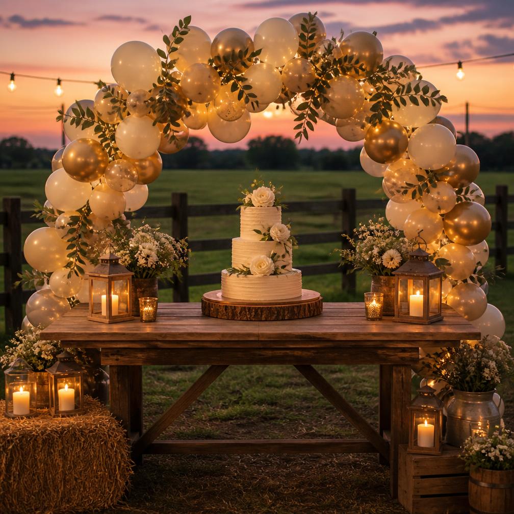 Farm birthday cake table with balloon arch