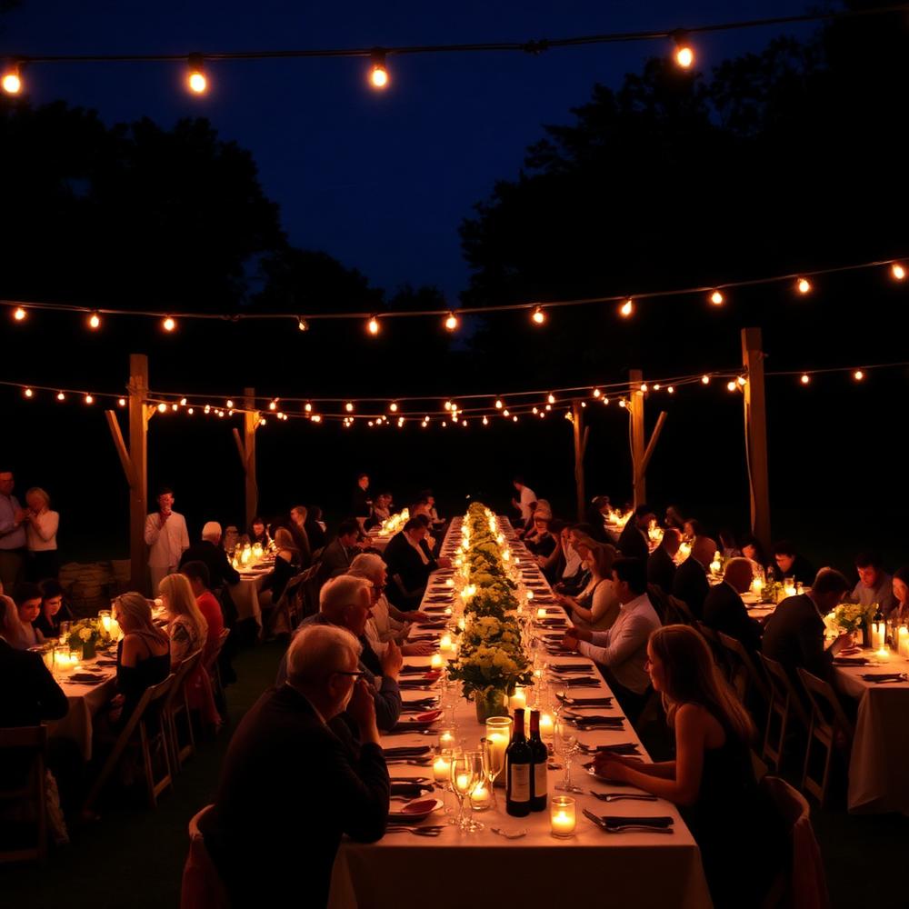 Outdoor evening celebration under string lights