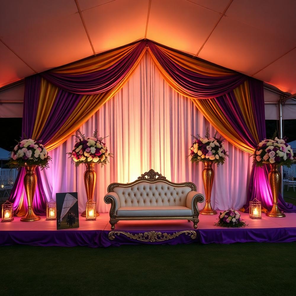 Decorated wedding stage with gold and purple drapes